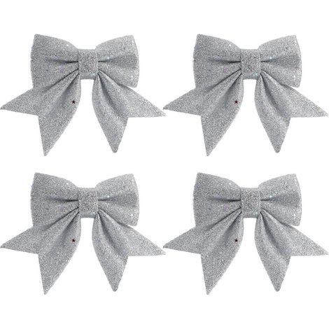Lot de 4 nœuds décoratifs de Noël dorés à paillettes, imprimés sur le thème du sapin, pour centre commercial.-15X12CM-Silver