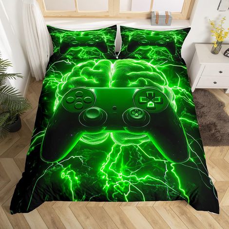 Parure de lit avec housse de couette 135 x 200 cm - Motif manette de jeu - Cerveau flash - Décoration de chambre pour garçon - Vert - Pour adolescent, salle de jeux (1/5)