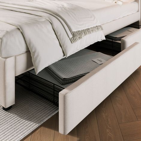 Lit double avec 4 tiroirs et prise USB-C, sommier rembourré 140x200cm, tête de lit réglable en hauteur, base à lattes en bois (avec matelas) (1/5)