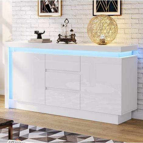 MEUBLIV Buffet de rangement 140 x 35 x 72 cm blanc brillant avec LED, 2 portes et 3 tiroirs (1/5)