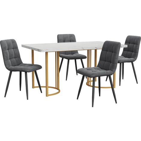Juego de comedor 5 piezas 140 x 80 cm mesa de MDF blanca con 4 sillas de terciopelo gris (1/5)