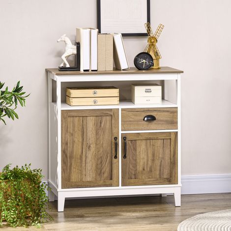 Credenza da soggiorno in legno con 2 ante, cassetto e ripiano regolabile, 76,6x35x81,5 cm, colore bianco e marrone.