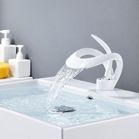 Robinet mitigeur de lavabo cascade en cuivre eau chaude et froide blanc raccord 1/2 embase 25 mm – Livraison gratuite