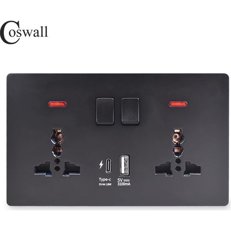 Double Switched Socket with USB-A and Type-C Charging Ports (Output 3.1A), 146PC Wall Outlet, 2 Gang 13 A Electric Power Socket,Black (1/3)