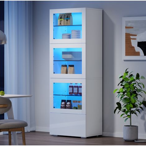 Vetrina 60x40x173 cm, con LED regolabile, 3 ante in acrilico, 1 cassetto, MDF e vetro, bianco (1/5)
