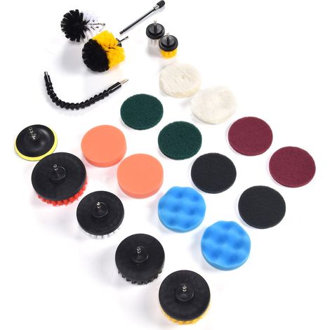 Ensemble de 23 accessoires de nettoyage pour perceuse, comprenant brosses, tampons à récurer, éponges et tige de connexion.