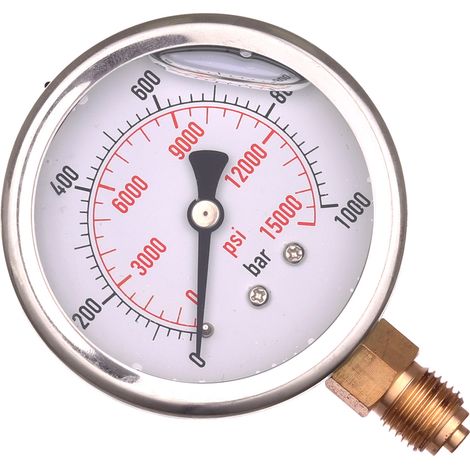 Manometro a glicerina con orologio, 63 mm, 0-1000 bar, attacco filettato da 1/4".
