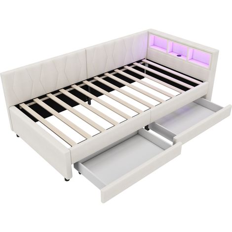 90x200 cm Tagesbett aus beigem Leinen mit Schubladen, LED, USB, Type-C und Lattenrost (1/5)