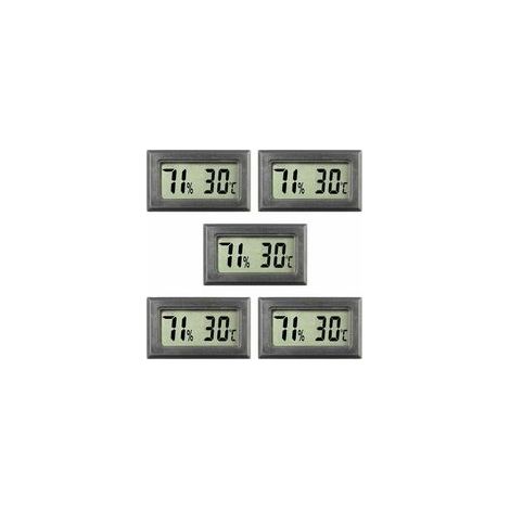 Lote de 5 minitermómetros numéricos: temperatura y humedad internas. Color negro.