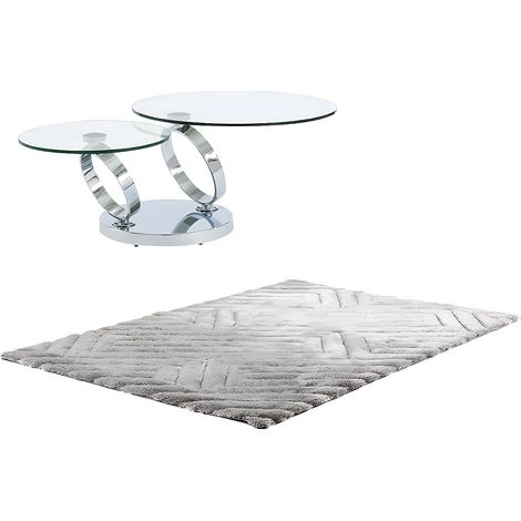 Set tavolino piano girevole Trasparente - JOLINE + Tappeto Grigio Shaggy - MAZE