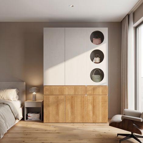 Armoire dressing 135x50x200 cm effet chêne clair avec penderie, 6 portes, 2 tiroirs et rangements multiples, meuble chambre moderne (1/5)