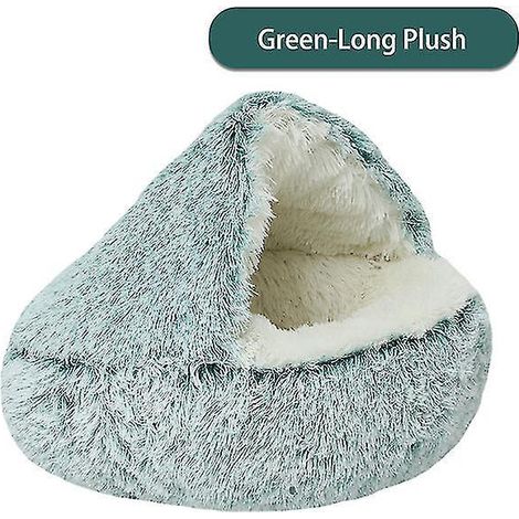 Nouveau lit d'hiver rond et chaud avec capuche pour chat et chien, niche douce et longue en peluche verte de 40 cm de long, idéale pour les petits chiens et chats. (1/4)