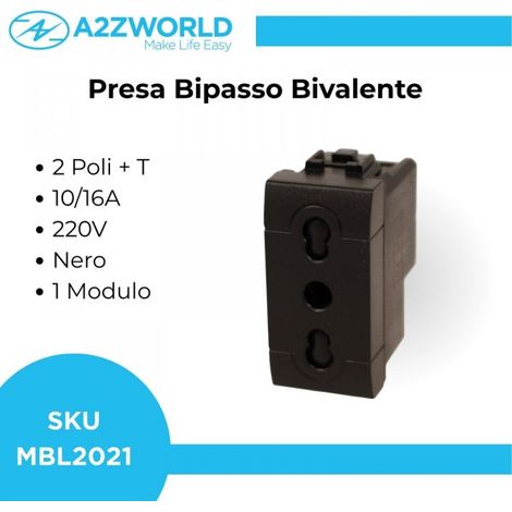 Presa Bipasso Bivalente 2P+T 10/16A 220V MBL Nero 1M Compatibile Bticino Living International BLN2001