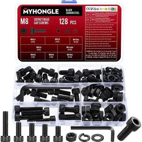 128 Pcs Set de Vis M8, Boulons et écrous et Rondelles, Boulons Vis à Tête Cylindrique à Six Pans Creux et écrous, Assortiment deVis à Tête Creuse Hexagonale Ronde Allen Noires, avec Clé(M8) (1/5)