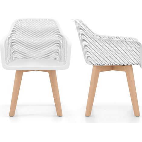 COSTWAY Set of 2 Modern Plastic Dining Chairs with Wood Legs-White (1/5)