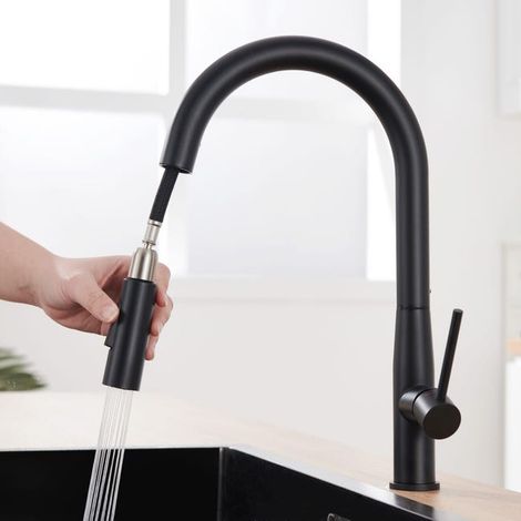 Robinet Cuisine Noir Douchette, Mitigeur Cuisine avec 2 Modes de Pulvérisation Robinet Evier avec Douchette Extractible Rotatif à 360° (1/5)