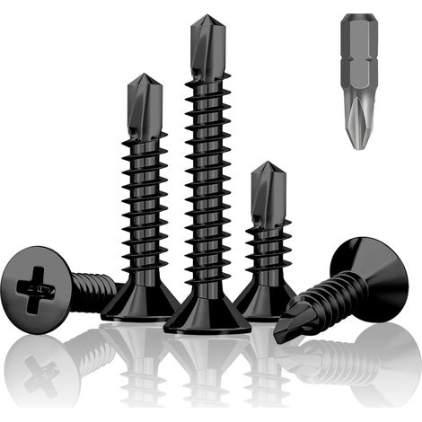 Lot de 210 vis autotaraudeuses, noires, M4,2 x 25 mm, à tête fraisée cruciforme, vis à métal avec perceuse, vis autoforeuses en acier au carbone (1/5)