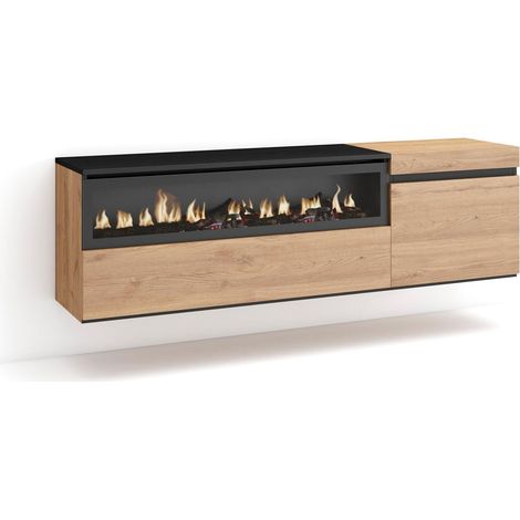 Skraut Home Mobile TV Soggiorno Ampio spazio a disposizione 150x45x35cm Per TV fino a 65" Camino elettrico Sospeso, da appendere Stile moderno Rovere e nero (1/5)