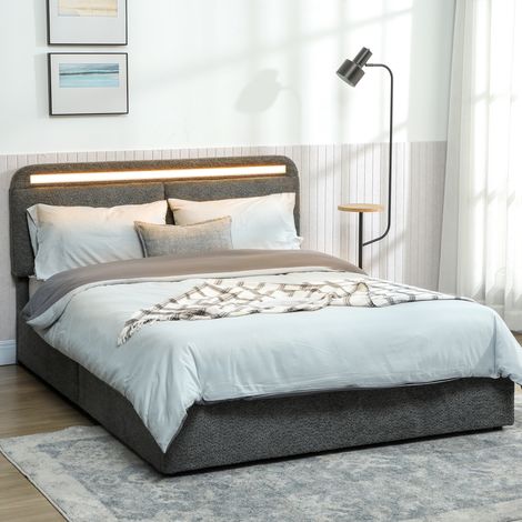 Lit coffre 140 x 190 cm avec éclairage LED, tête de lit réglable, cadre de lit double, sommier à lattes en bois, gris (1/5)