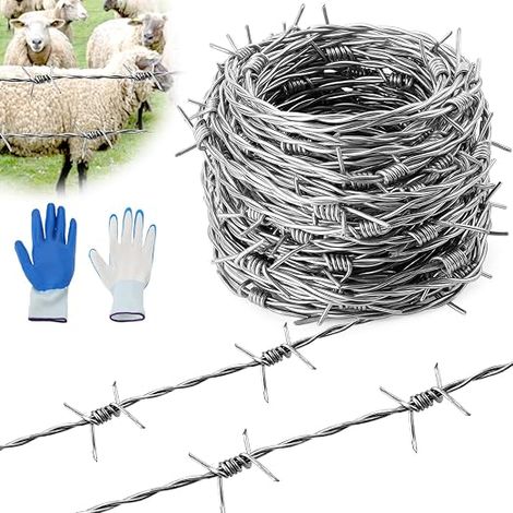 Fil Barbelé 1,8 mm x 18 m Fil Barbelé Galvanisé à Chaud avec Gants Rouleau de Fil Barbelé pour Pâturage Jardins Balcons Murs de Cour Bricolage Bâtons de Baseball (1/5)