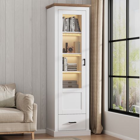 Vitrine LED moderne blanche mate 178 cm avec USB, en panneaux de particules et verre trempé, REDOM (1/5)