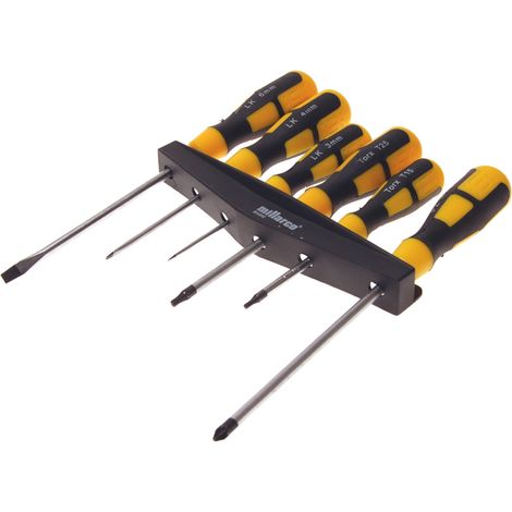Lot de 6 tournevis avec barre de support embouts plats, Pozidriv et Torx Poignée Soft Grip Noir/Jaune (1/2)