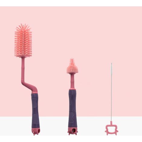 Ensemble de 3 Brosses de Nettoyage pour Biberons Bébé, Têtes en Silicone Doux Différentes, Couleur Violet