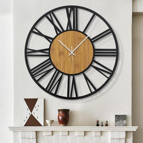Horloge Murale Ronde en Bois Noir de 50 cm pour décoration de Salon Chiffres Romains Vintage Horloges suspendues silencieuses sans Tic-TAC pour la Maison, Le Jardin, Le Bureau, la décoration (1/5)
