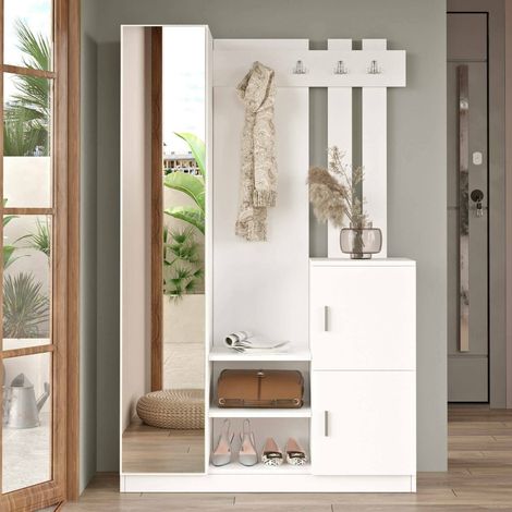 Mueble de Entrada Fernand, 16-18 Pares, 2 Estantes, Perchero, 114x35x180h cm Blanco (1/4)