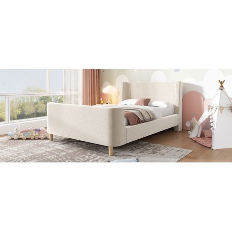 Cama infantil 90x200 cm de terciopelo beige con cabecero, para niños, sin colchón – MEUBLIV (1/5)