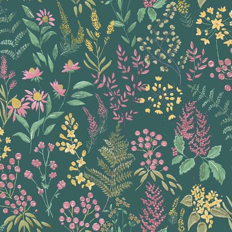 Teal Pink Floral Sprig Wallpaper Holden Flower Natural Yellow Green Botanical (1/4)