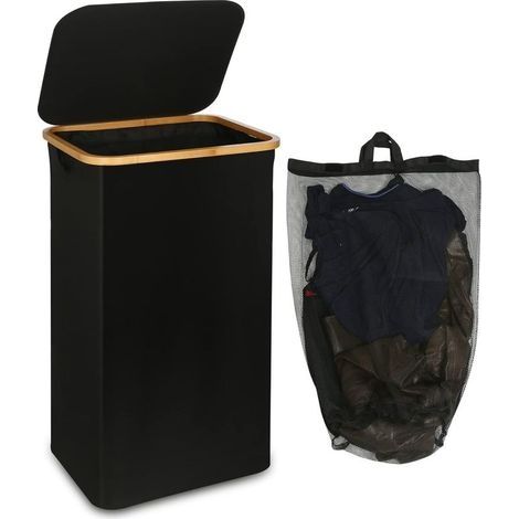 Panier a Linge Sale noir - XL 100 Litres - Grands Paniers à Linge avec Couvercle et Anses - Corbeille a Linge pour Chambre - Bac a Linge Sale de Salle de Bain en Bambou