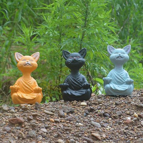Ensemble de 3 statues de chats zen en méditation - Décoration intérieure et extérieure, 12,5 x 5,5 x 8 cm (1/5)