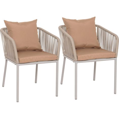 [NEUWERTIG] 2er-Set Gartenstuhl HHG-616, Outdoor Armlehne, wetterfest Aluminium Seilgeflecht Rope grau Kissen taupe