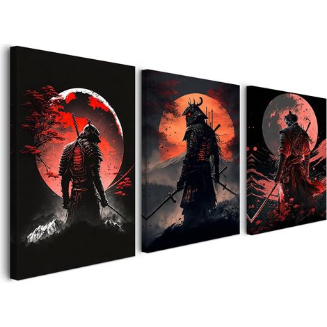 Lot de 3 tableaux muraux encadrés - 30 x 40 cm - Motif samouraï - Rouge et noir - Pour salon, chambre à coucher, cuisine, bureau - Style vintage - Avec crochets et clous - Fixation magique - Prêt à (1/5)