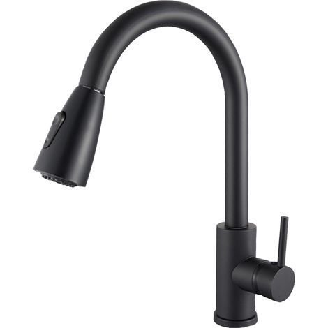 Grifo de cocina, cabezal rociador extraíble, giratorio 360°, monomando, acabado negro mate, fregadero (1/5)