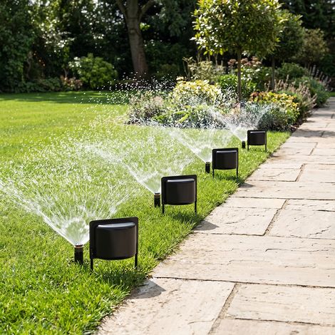 4 Pcs Sprinkler Splash Guard Black 10.04 in Soil Stakes  PP curved deflector, soil stake placement, overspray control for fence, sidewalk, driveway, patio, garden edge (1/5)