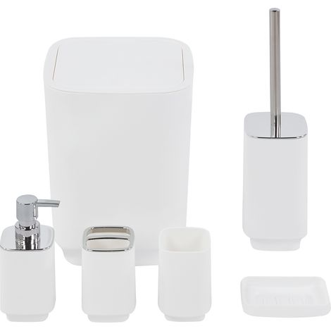 Set Completo Accessori Bagno 6 Pezzi Design Moderno In Plastica Resistente Con Finiture Lucide Incluso Cestino Pattumiera,Dispenser Sapone, PortaSaponetta, Porta Spazzolini, Portascopino Bicchiere Con