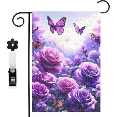 Drapeau de jardin roses violettes et papillons pour l'été 30 x 45 cm décoration cour et balcon (1/5)