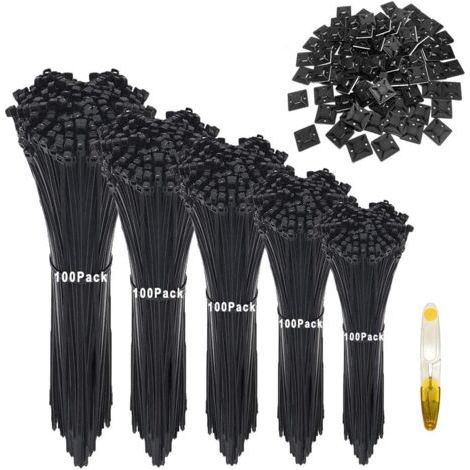 Pack of 500 nylon cable ties 100/150/200/250/300mm – 50 adhesive bases – Resistance up to 18 kg – For offices and garages (1/3)