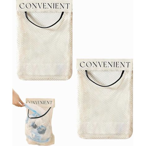 Confezione da 2 dispenser autoadesivi bianchi a rete per sacchetti di plastica, da montare a parete, ideali per la spesa. (1/5)