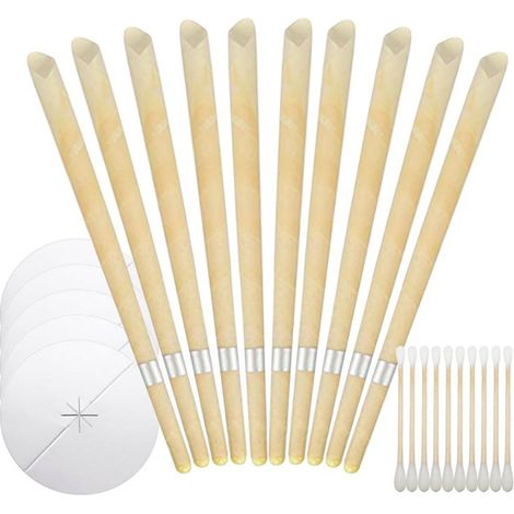 10 velas para los oídos, cera de abeja natural, disco protector, algodón orgánico, tratamiento para la obstrucción del oído. (1/5)