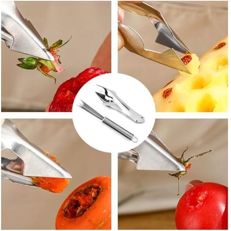 Outil de coupe des fruits en acier inoxydable (4 pièces) : éplucheur d'ananas, éplucheur de fraises, outil pour couper les fruits (1/3)
