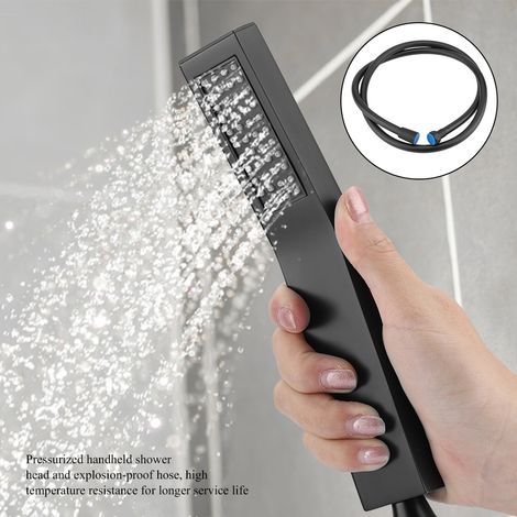 Pommeau de douche à main carré en laiton noir mat avec flexible (1/5)