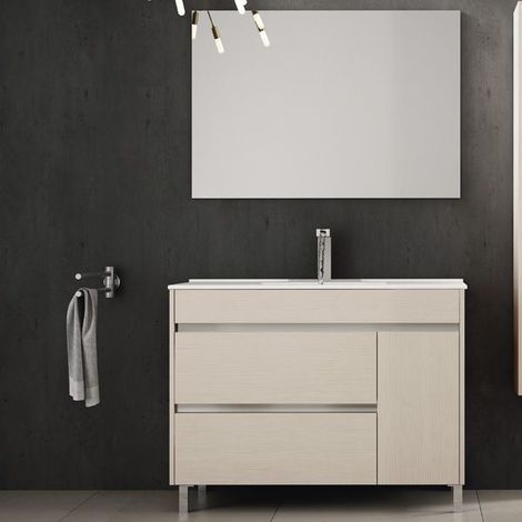 Mueble de baño Caprera 3 piezas – mueble, lavabo + espejo. Se envía montado 90CM seno desplazado a izquierda Crema