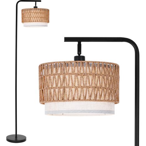 Lampadaire Rotin Bohème pour Salon, Lampe sur Pied de Vintage Rustique E27 pour Chambre, Double Abat-jour, 173cm Hauteur, Noir, Base Lourde Stable, Tête Orientable, Interrupteur au Pied (1/5)