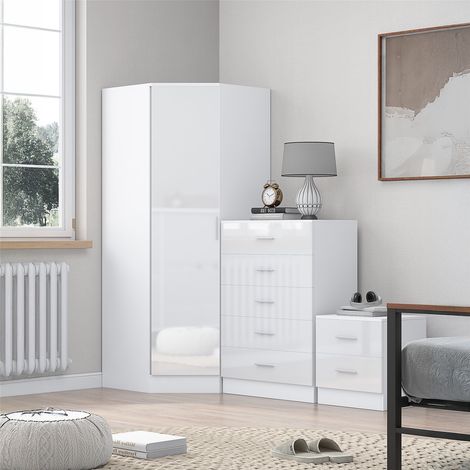Reflect 1 Door Corner Wardrobe, 5 Drawer Chest, 2 Drawer Bedside - White Gloss & Matt White - Bedroom Furniture Set