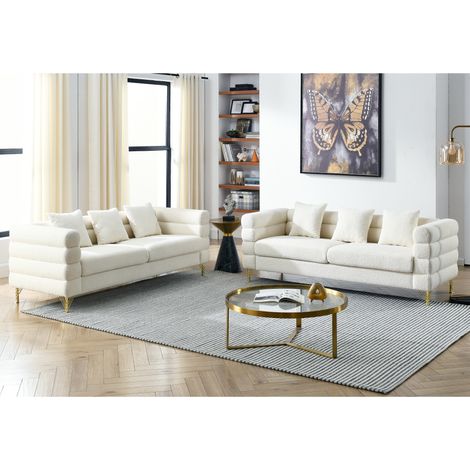 Canapé droit 6 places en tissu bouclé, assise à ressorts et pieds métalliques dorés pour salon, blanc (1/5)
