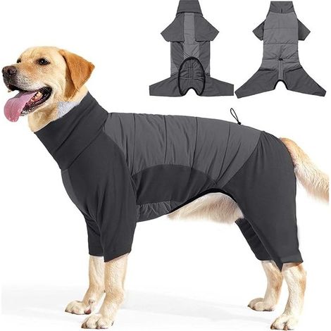 Waterproof Winter Dog Coat with 4 Legs – Warm Elastic Jacket with High Collar and Leash Loop, Ideal for Medium and Large Dogs – Wind and Rain Protection – Grey (XL) (1/5)