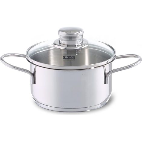 Petit Faitout en Acier Inoxydable Ø 14 cm 1 l pour Collation Petites Bouchées avec Couvercle en Verre Compatible Induction Argenté